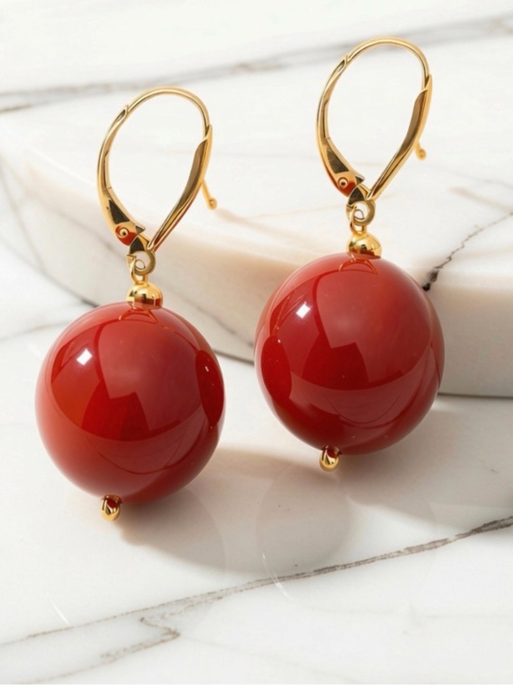 14K Gold & Red Jade Bold 10mm Ball Drop Dangle Earrings, Zimmer Bros Signed